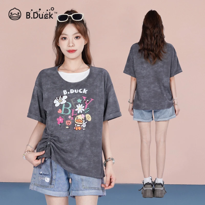 B.Duck小黄鸭2025年夏季新款显瘦抽绳设计时尚宽松假两件短袖T恤