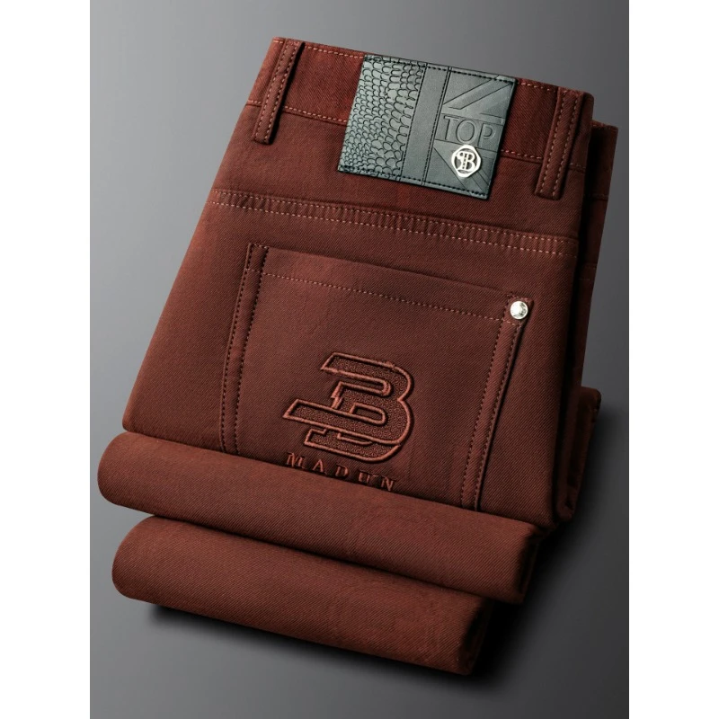 简纳曼克轻奢品质休闲裤男士秋季砖红色暗纹修身弹力小直筒牛仔裤