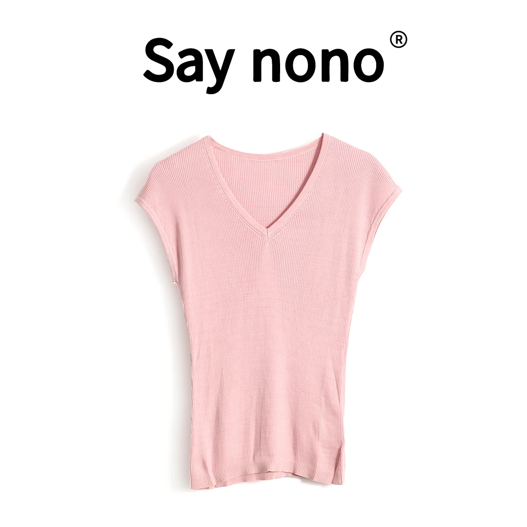 Say nono【懒猫nono】KBBH828天丝v领坑条小飞袖T恤