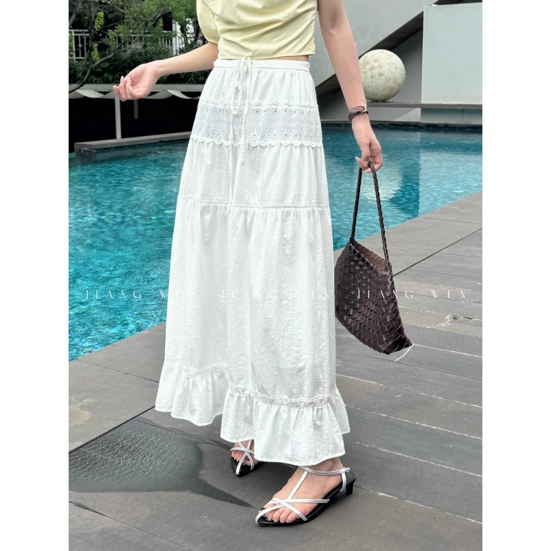 【竹节半裙】度假风绑带花边高腰显瘦半身裙