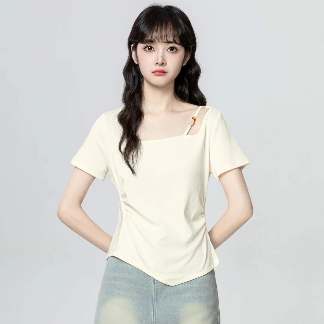 杏色短袖T恤女夏2025夏季新款不规则方领镂空体恤褶皱收腰短上衣