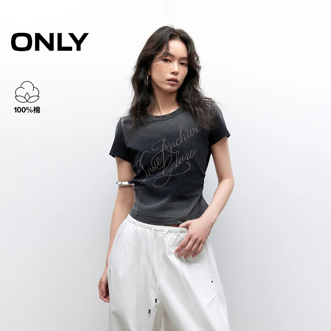 ONLY夏季渐变水洗显瘦水钻纯棉短袖T恤女休闲设计感|125201022