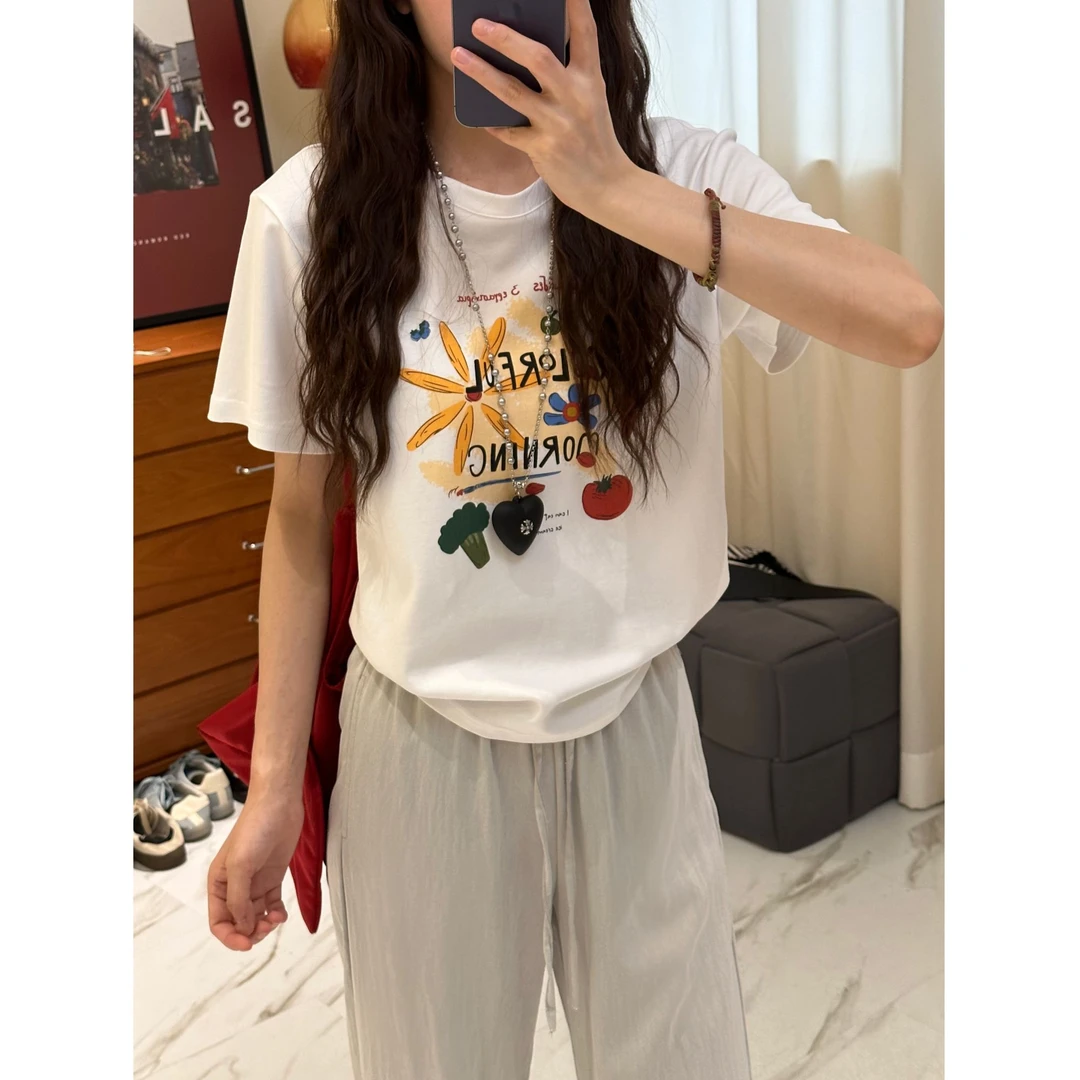 2025年夏季新款彩色印花休闲百搭显瘦圆领短袖T恤