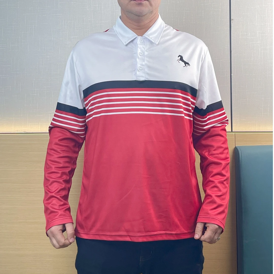 夏季男士休闲长袖红白拼接色