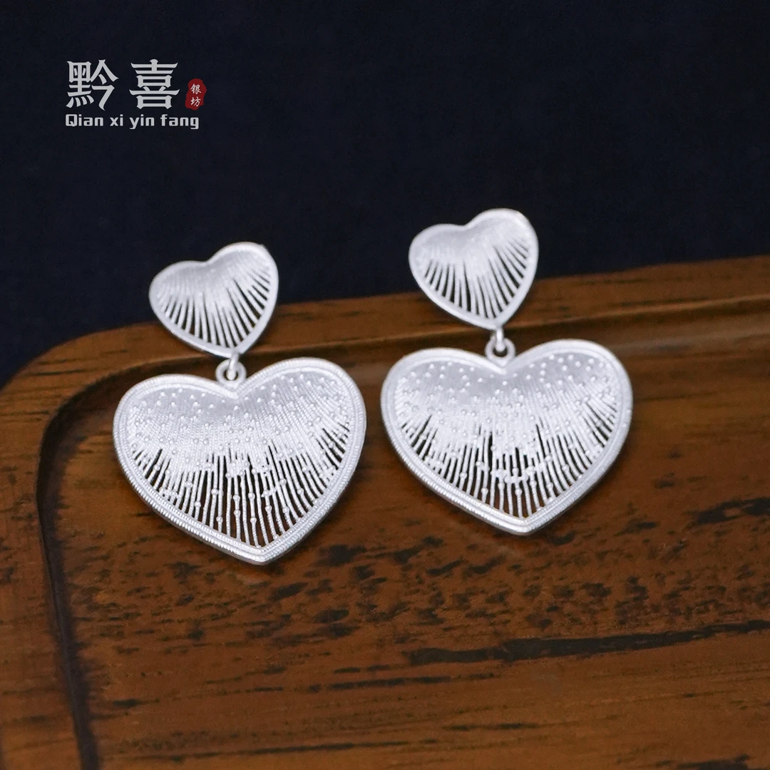 足银耳饰 【双爱心耳钉】黔喜银坊气质时尚精美百搭个性时髦