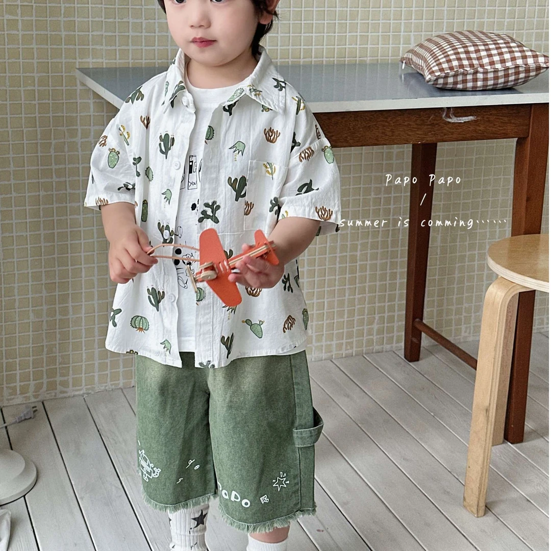 仙人掌印花衬衫+渐变色牛仔短裤韩系男童套装休闲薄款夏款韩版