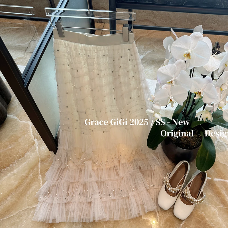 【摇曳生姿】 2025重工钉珠蛋糕网纱半身裙女长款纱裙