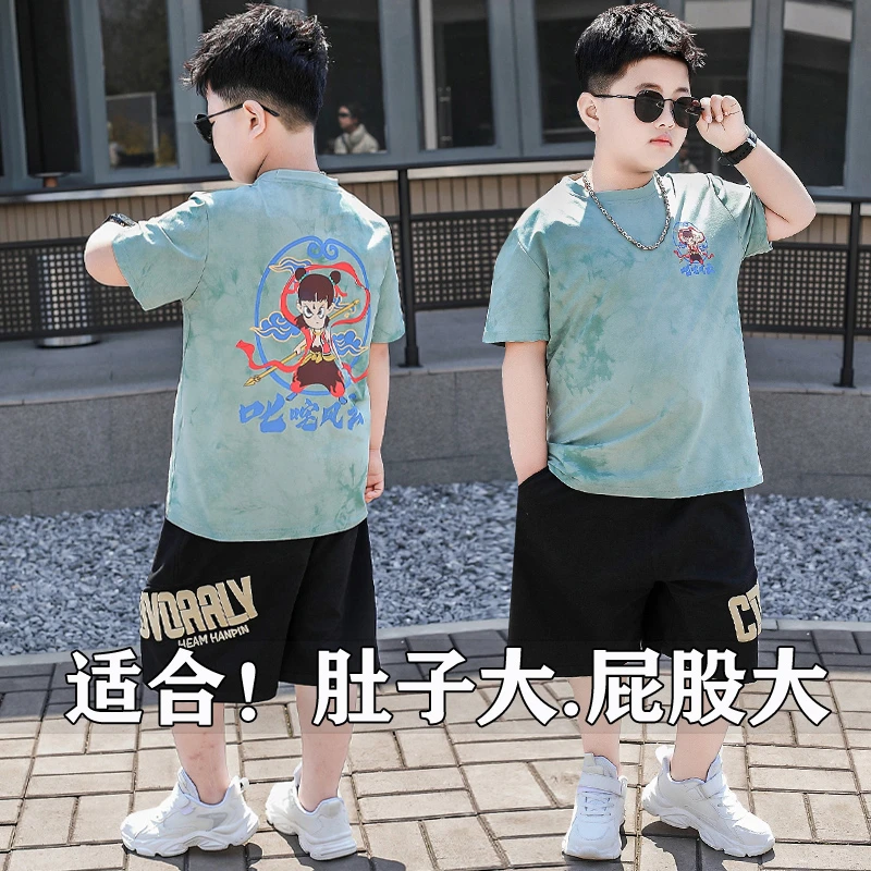 小胖墩胖童装男童夏装短袖T套装中大童潮牌加肥加大12-16岁两件套