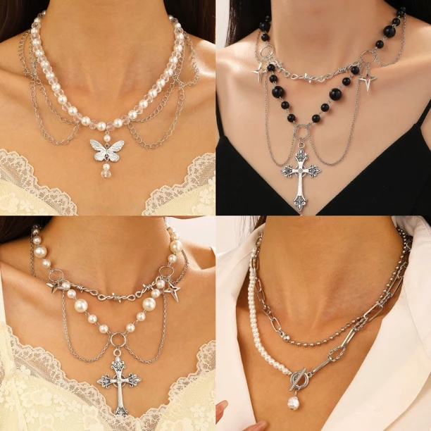 合金吊坠 欧美小众设计辣妹仿珍珠流苏爱心十字架蝴蝶百搭锁骨链