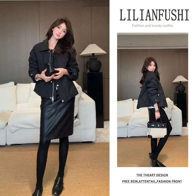 时尚穿搭女2025秋冬新款气质显瘦黑色修身帅气外套休闲半身裙套装