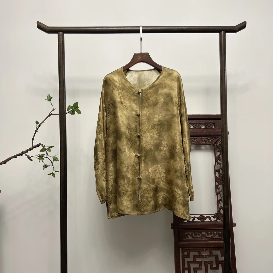 【闲月】新中式桑蚕丝夏季复古时尚黄色绿色网红外套国风上衣W50174