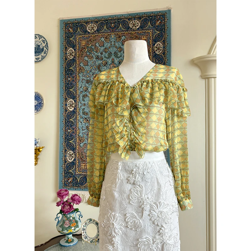 水滴君MR WATER 夏季薄荷绿格纹收腰长袖衬衫