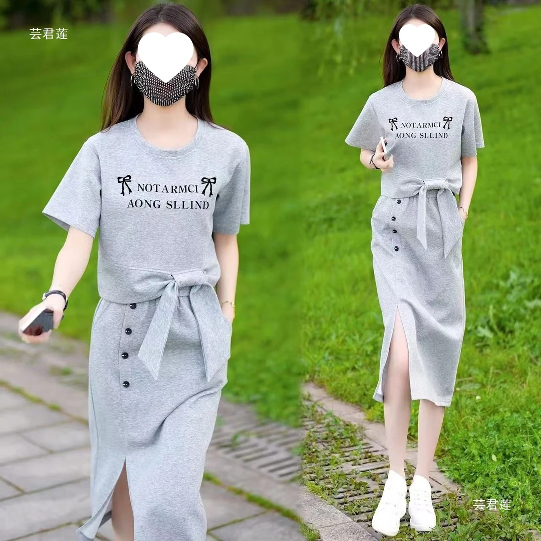 时尚休闲运动服套装女2025夏季新款蝴蝶结短袖开叉半身裙两件套