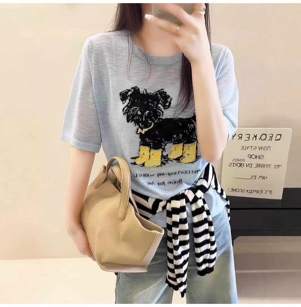 7522大码女装小狗提花针织衫夏季新款慵懒风减龄洋气短袖t恤上衣