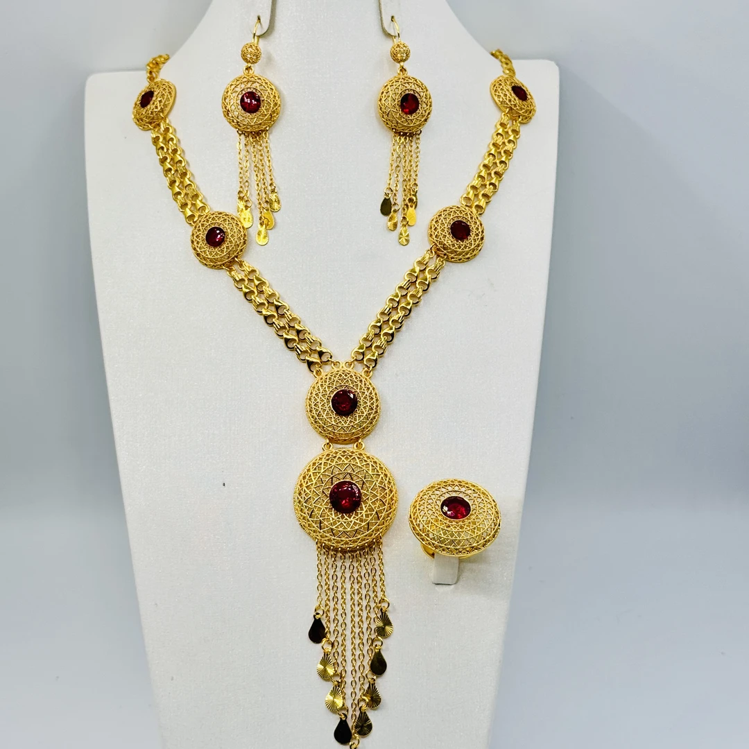 铜合金玻璃项链 TJ284 铜合金首饰 项链耳环戒指三件套