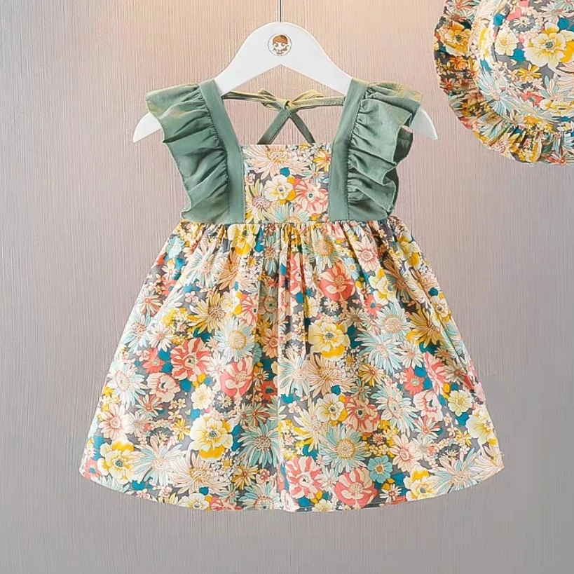 女童甜美沙滩裙子夏装无袖连衣裙夏季小女孩小公主时髦儿童碎花裙