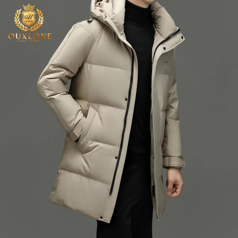 OUXLDNE 连帽羽绒服男士中长款加厚保暖防寒大衣冬季新款潮流外套