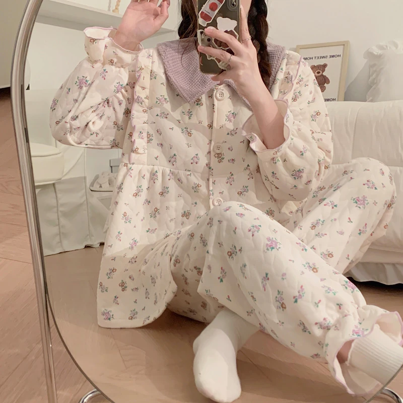 孕妇月子服空气棉产后家居服秋冬季加大加肥产妇哺乳睡衣坐月子