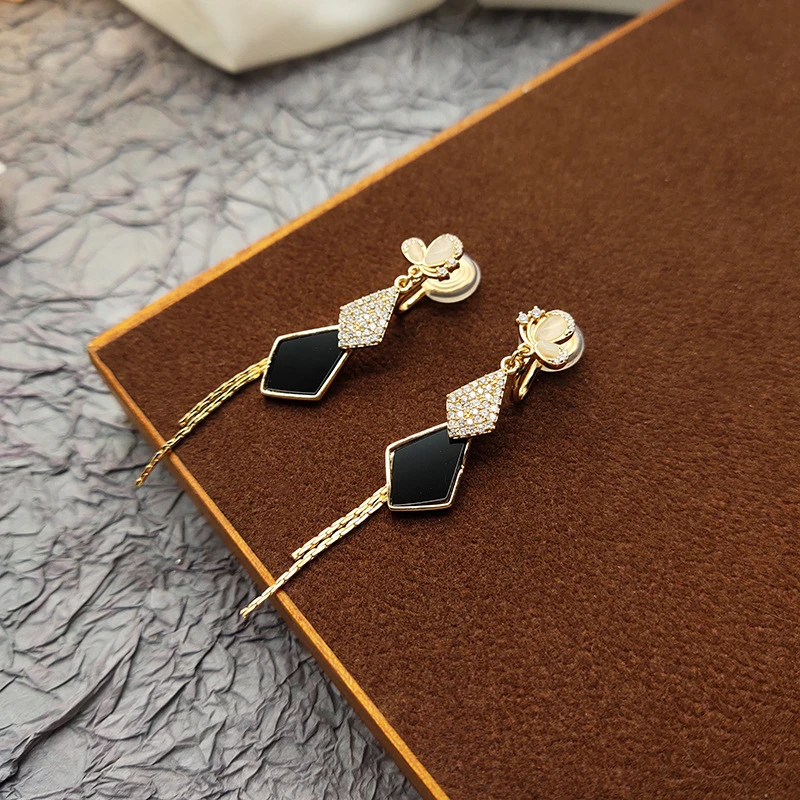 铜合金亚克力耳饰 包邮独特长流苏菱形耳夹气质耳环女蚊香盘耳夹