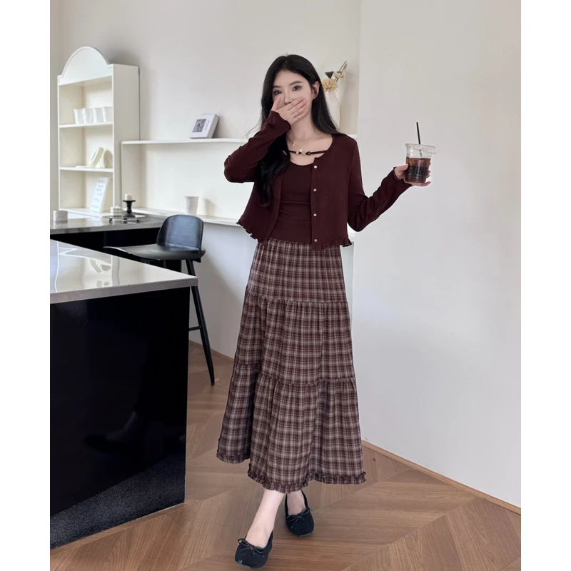 时尚格子半身裙套装女2025春秋季新款洋气小清清新格子吊带裙套装