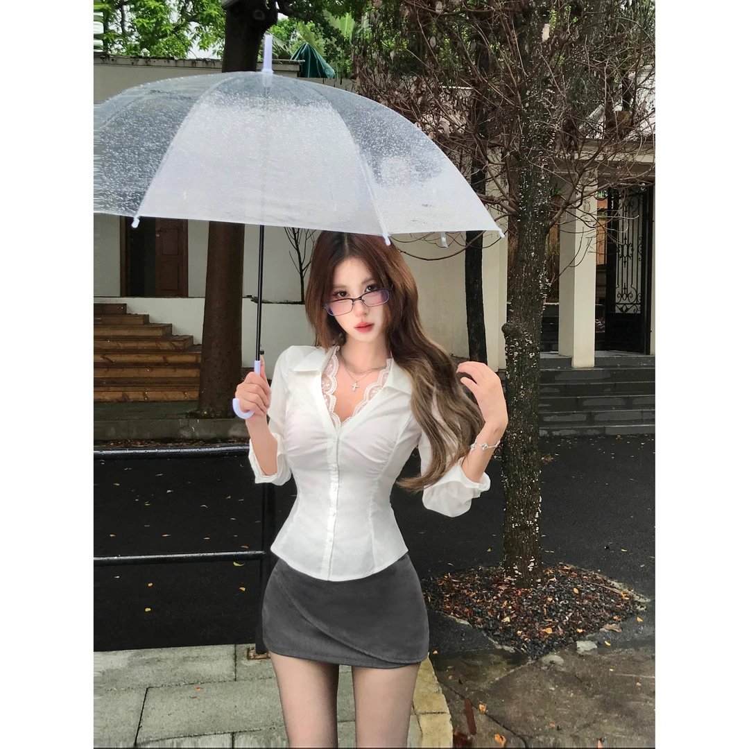 Mejiu蜜九【北岛情书】黑白纯欲辣妹风衬衣秋季新品女显瘦半裙套装