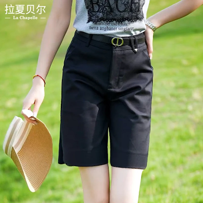 拉夏贝尔休闲西装短裤女夏季新款高腰宽松直筒薄款阔腿五分裤女款