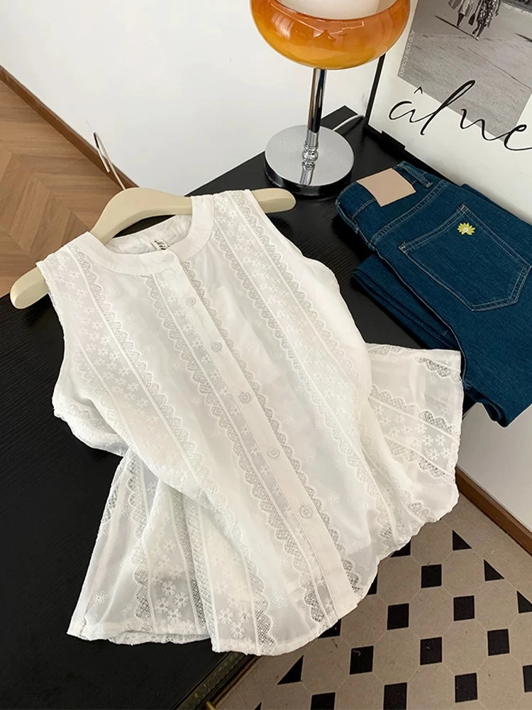棉白色蕾丝刺绣无袖衬衫背心女外穿夏新款宽松遮肚开衫上衣