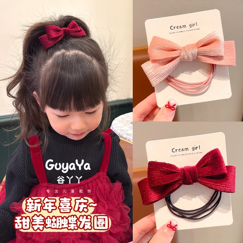 新年红色蝴蝶结儿童发圈小公主高级感丝绒甜美头绳女童过年扎发圈