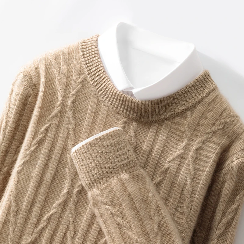 秋冬新款圆领100%纯羊毛衫男绞花加厚毛衣休闲商务羊毛针织打底衫