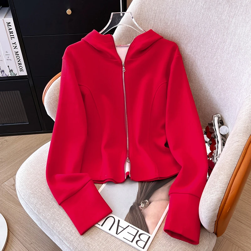 红色连帽双拉链开衫卫衣女春秋季小个子时尚修身显瘦短款休闲外套