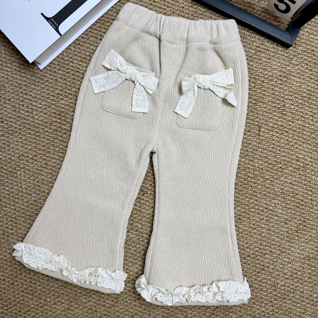 小童加绒裤子秋冬新款洋气百搭加厚一体绒女宝宝蝴蝶结花边喇叭裤