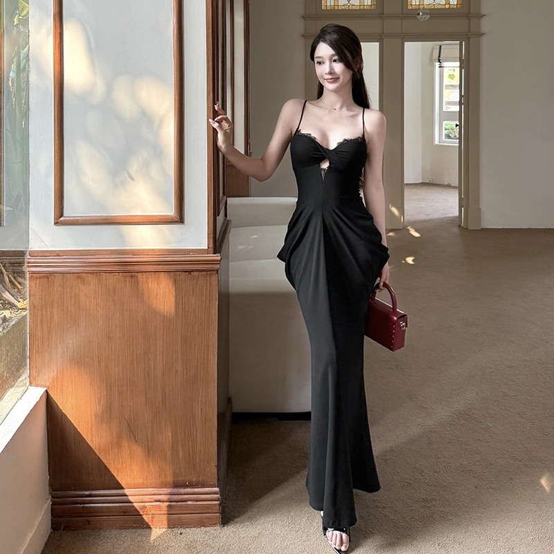 蕾丝拼接连衣裙性感显瘦包臀裙优雅气质御姐风黑色长裙无袖V领连