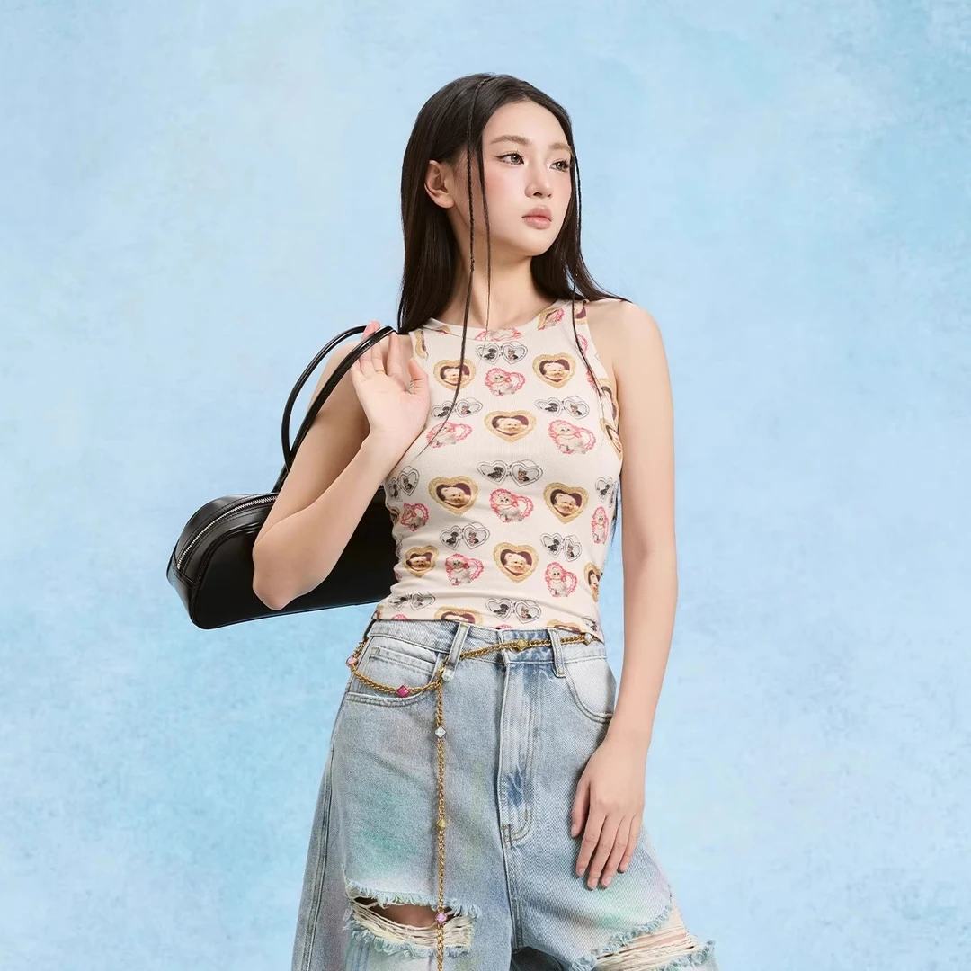 SOFITTE 25SS夏季新款卡其色萌宠爱心猫狗印花小众时髦百搭背心女