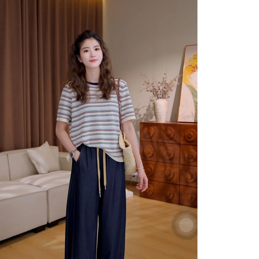 【条纹诗集】夏季设计感休闲圆领针织短袖[8822]