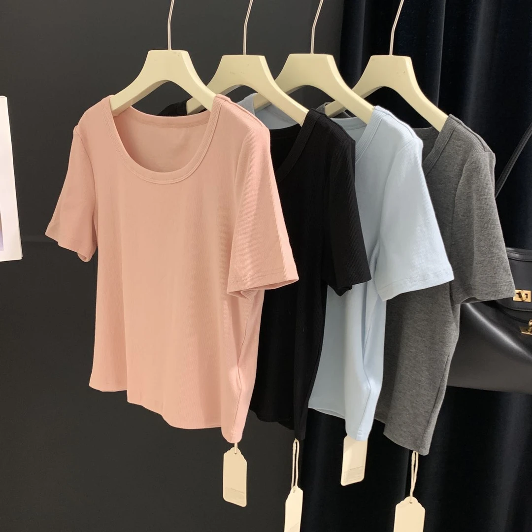 Q42短袖T恤女2025春夏新款显瘦正肩U领小个子遮肚子宽松短款上衣