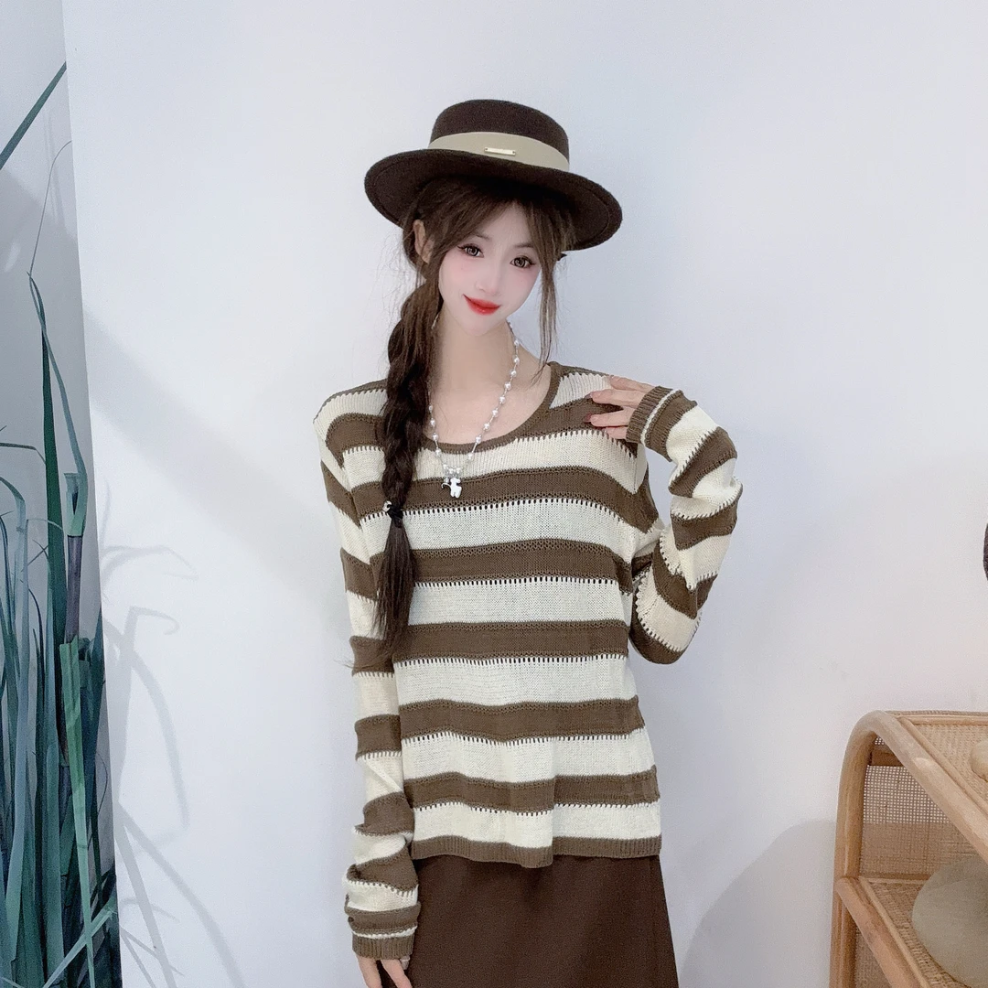 EC41326213简约气质风休闲慵懒随性圆领宽松舒适长袖针织条纹毛衣