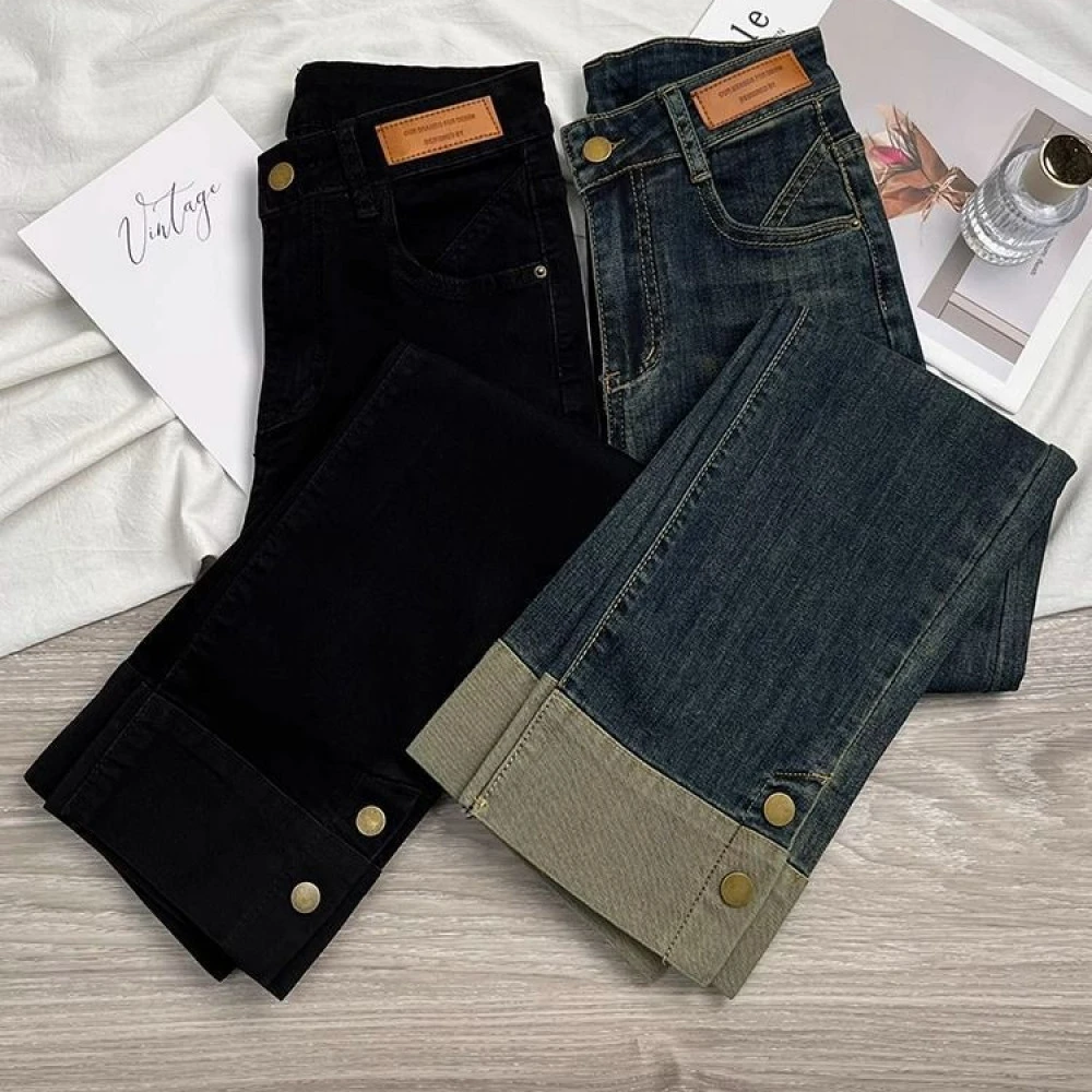 加绒拼接卷边直筒牛仔裤女秋冬新款小个子显高显瘦复古九分烟管裤