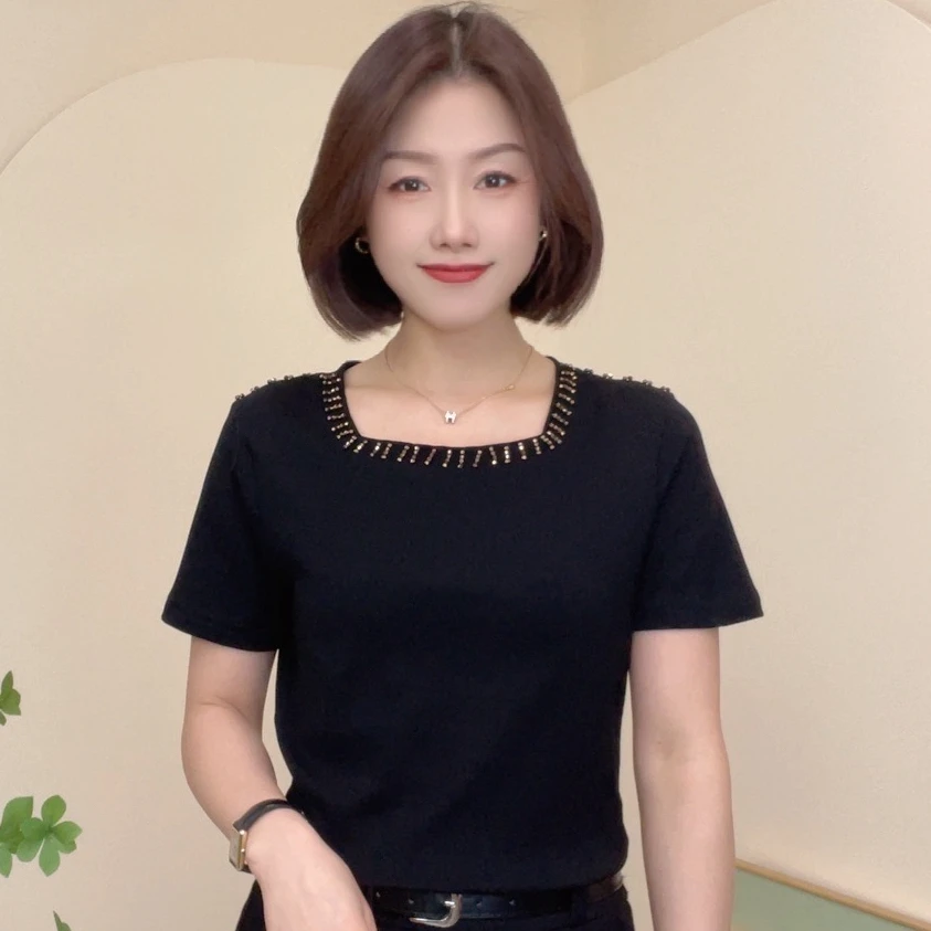 5666春季新款短袖上衣时尚气质修身显瘦洋气休闲百搭打底T恤女