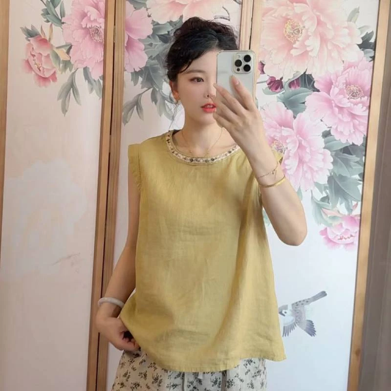 2588 国风纯色亚麻珠绣上衣女2025夏季新款时尚百搭文艺女士上衣