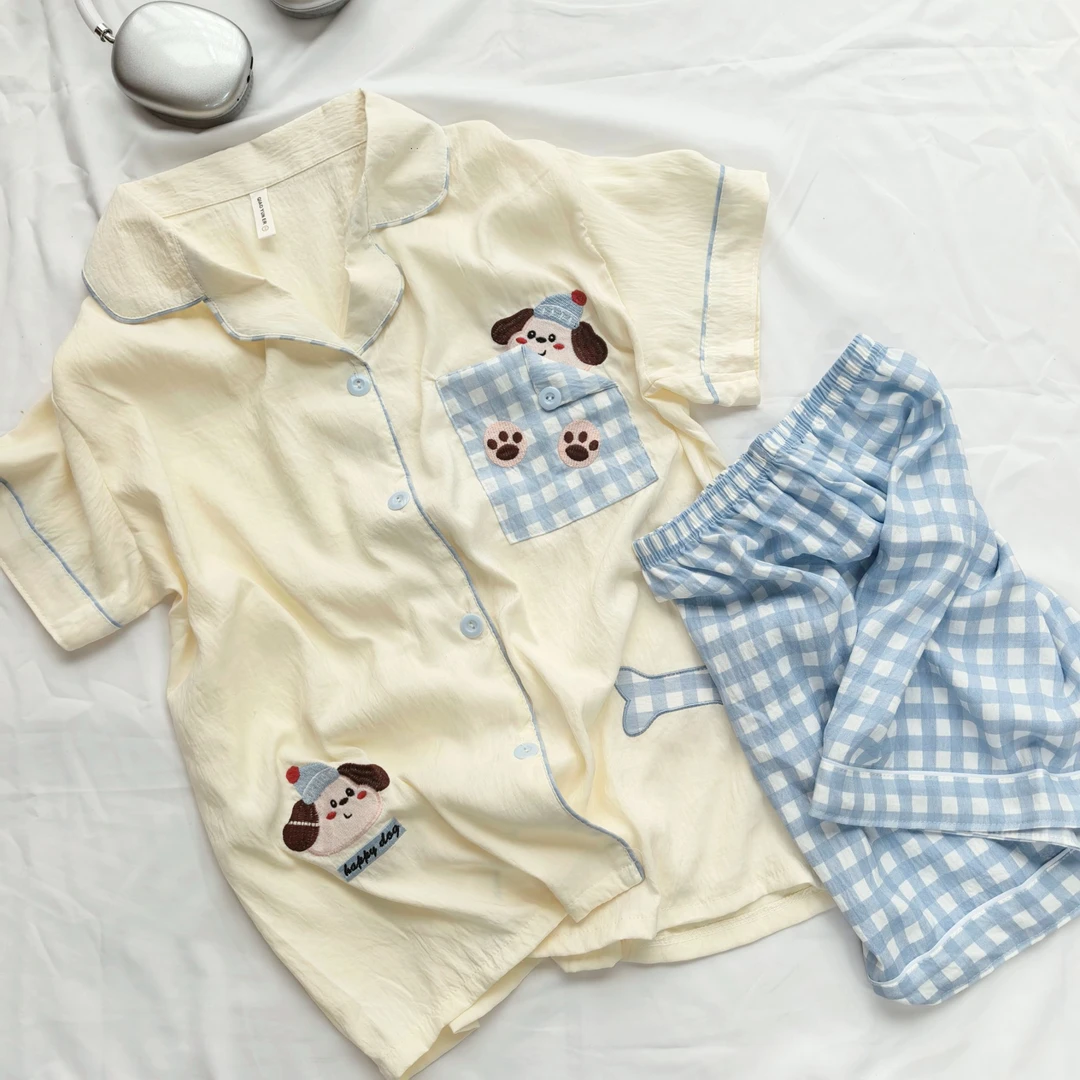 『帽子狗狗』新款短袖三件套睡衣夏季网红少女甜美女生家居服