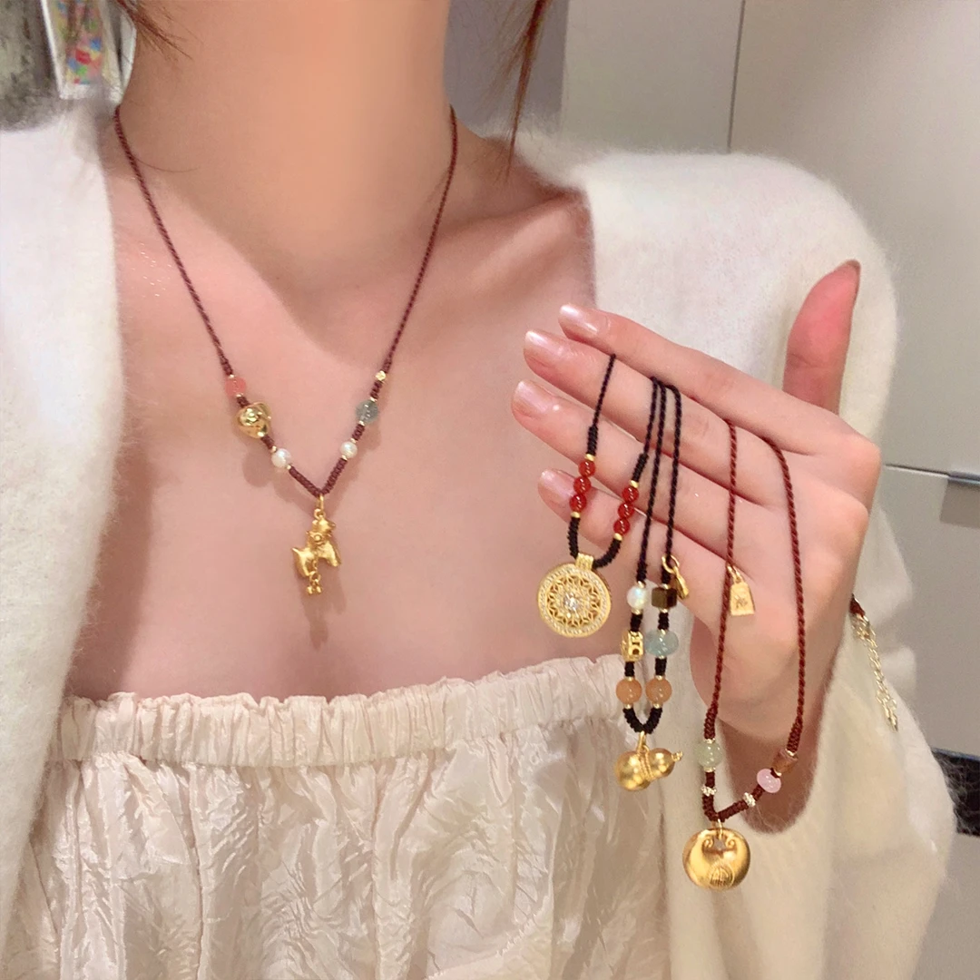 铜布艺项链 新中式罗盘葫芦吊坠项链女款轻奢小众秋冬毛衣链配饰