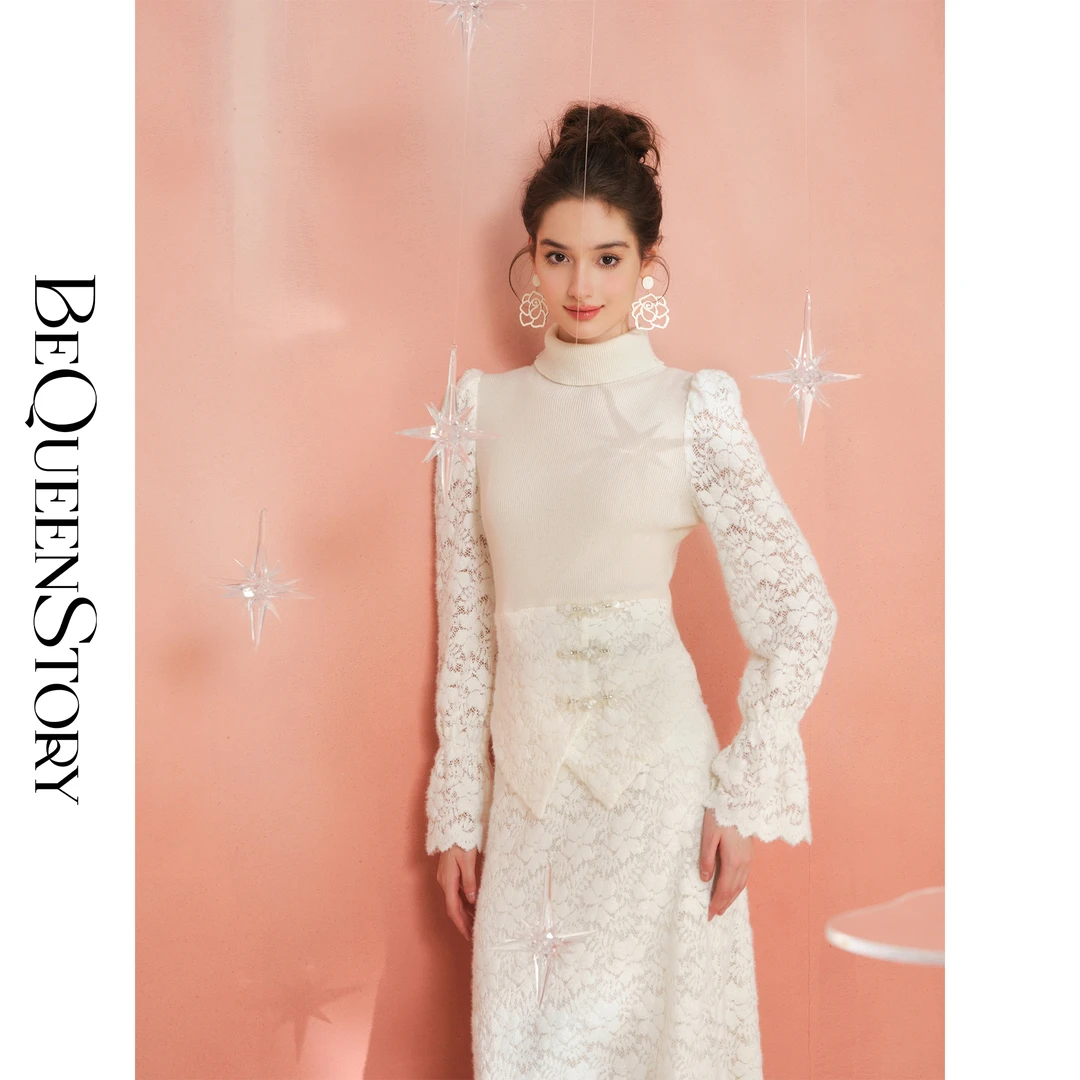 余潇潇【国民千金】宫廷风羊毛拼接蕾丝植绒盘扣高领半裙套