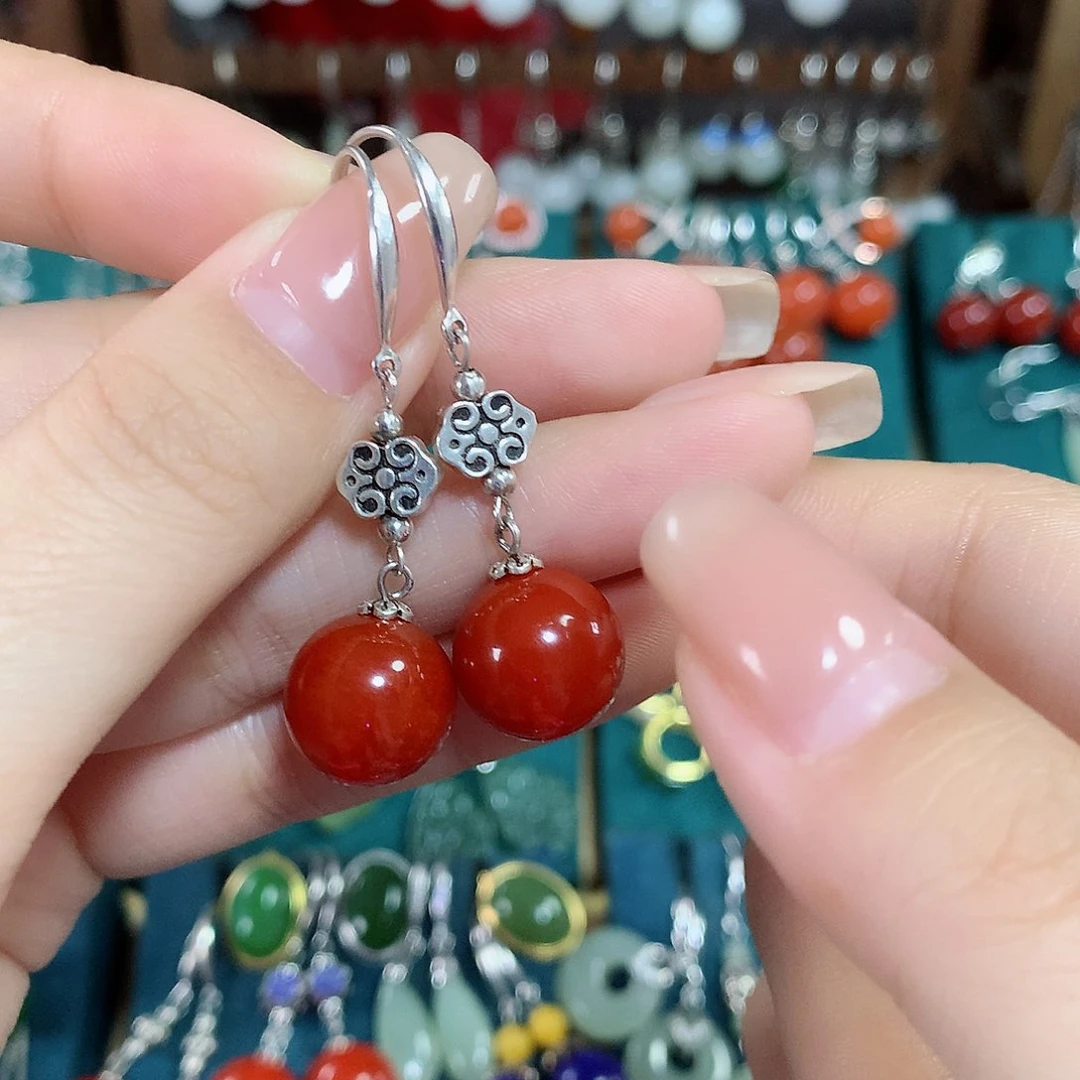 玛瑙/玉髓耳饰银S925镶嵌天然红玛瑙12mm左右（锦红）