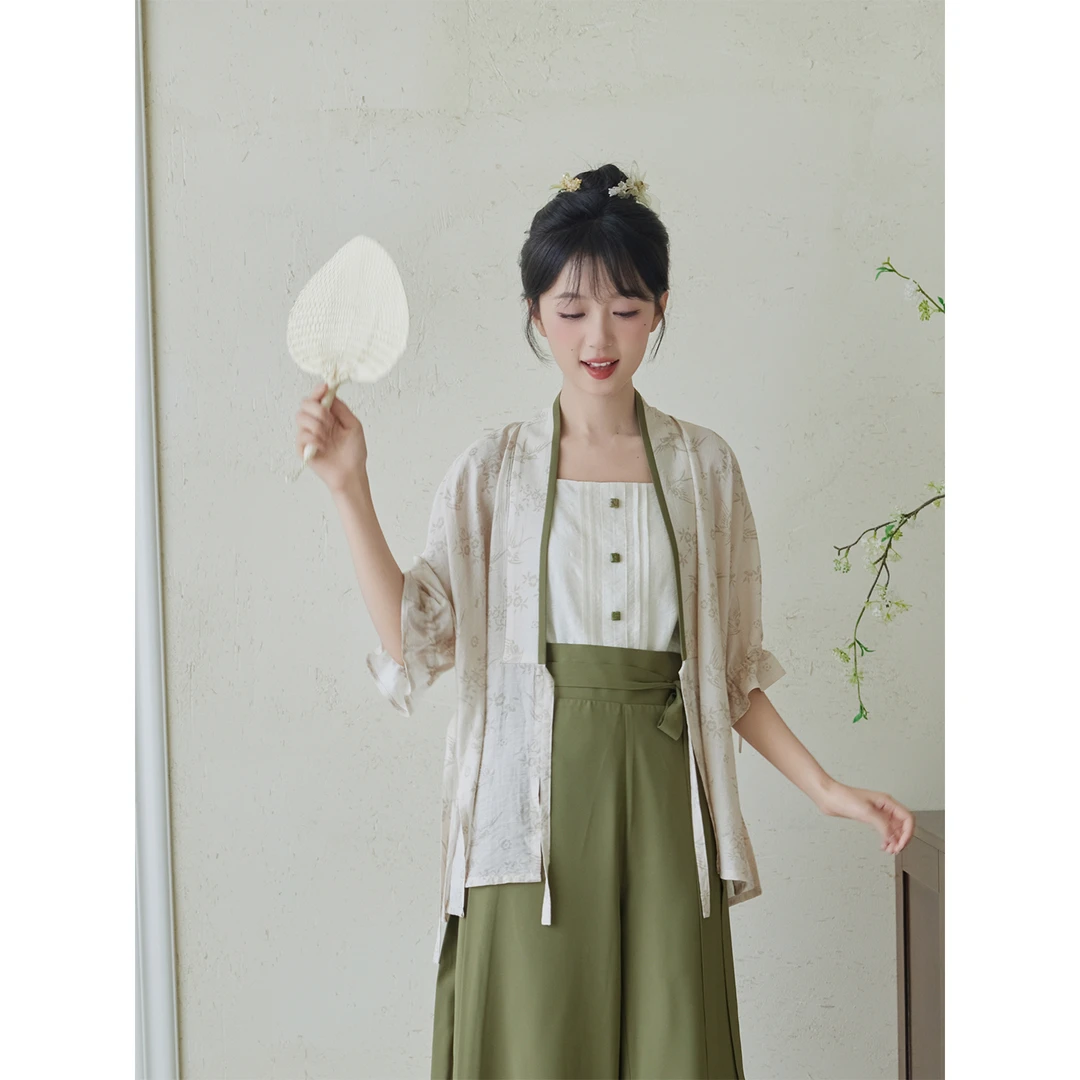 秋木木汉服【燕归时】宋制花鸟纹合领半袖宋裤吊带夏季日常套装