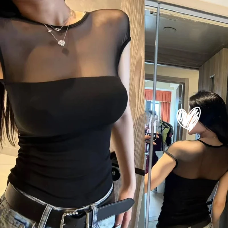 梦优莱上衣设计感小众网纱拼接圆领无袖T恤女出游服装夏季新款