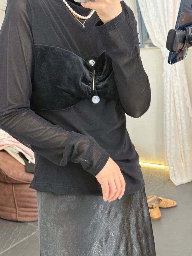 904#新款长袖打底上衣黑色显瘦常规款