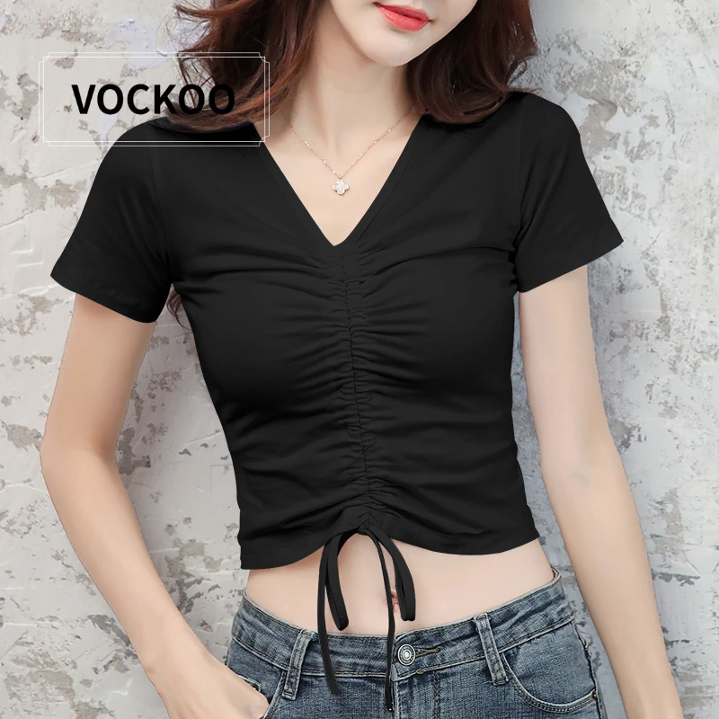 VOCKOO短装黑色上衣女抽绳夏季t恤短袖网红ins潮超火紧身心机高腰