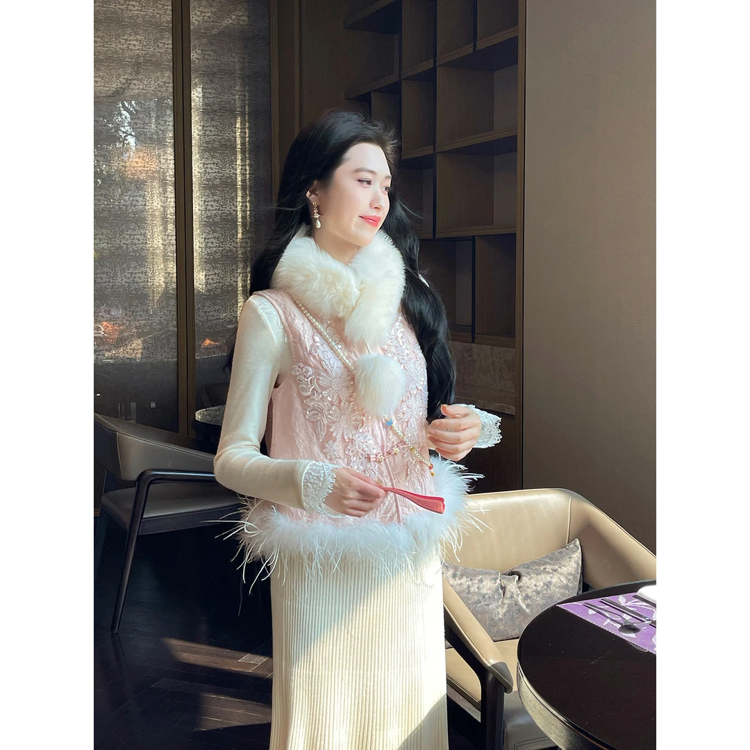 凌茜恣禾【密语】国风新中式米白圆球毛领温婉优雅气质高级感毛领