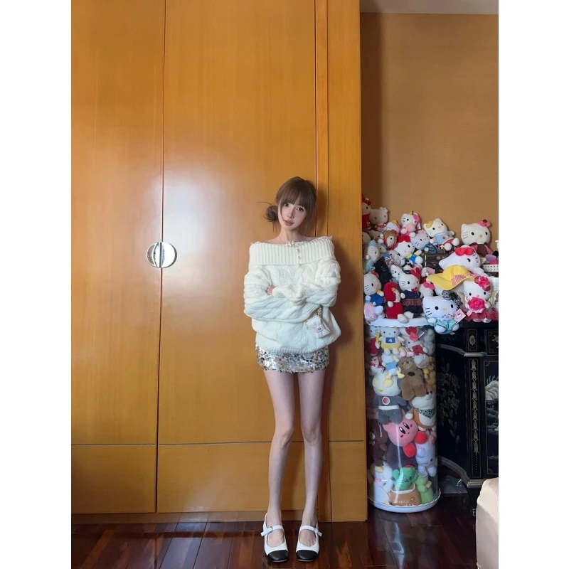 韩系温柔风一字肩长袖针织毛衣女秋新款高级感气质时髦短裙两件套