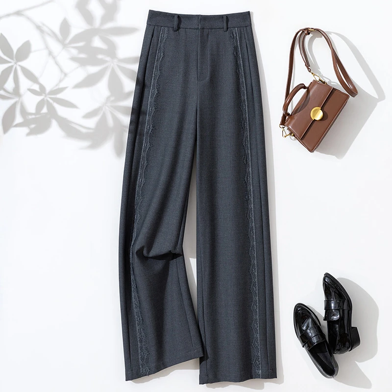 法式风情蕾丝气质直筒阔腿裤2025春季新品垂坠拖地裤女显瘦西装裤